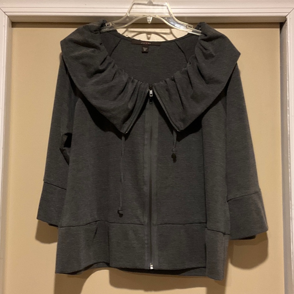 FEVER XL Chic Gray Victorian Ruffle Zip-Up Jacket with pockets